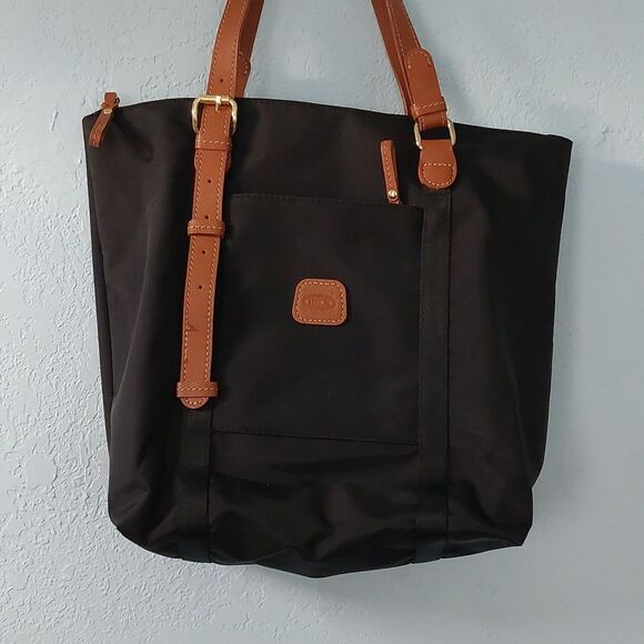 Bric's Italy Black Nylon Tote Travel Bag w/ Brown Leather Strap Removable Pouch